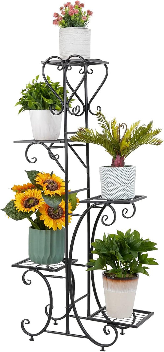 unho Tall Metal Plant Stand: 5 Tiered Flower Pot Rack with Square Shelves Indoor Display Storage Holder for Patio Garden Balcony Livingroom Decor (Black)
