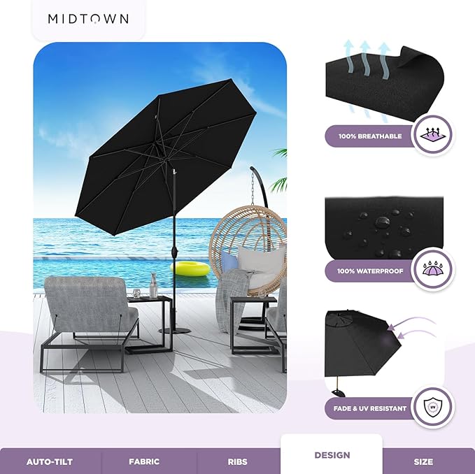 Midtown Umbrellas - 10-Year-No-Fade 10 Ft Patio Umbrella with Terylast Fabric, Auto-Tilt Aluminum Frame and 8 Reinforced Ribs for Deck, Pool, Garden & Beach - Ebony Black Canopy, Black Pole