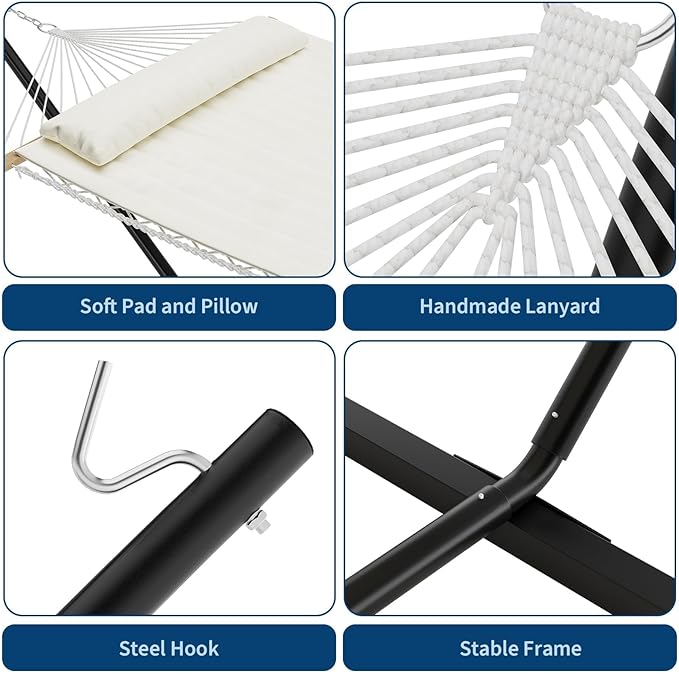 Double Hammock with Stand, 2 Person Portable Foldable Outdoor Hammock with Pad & Pillow, 450lb Capacity Heavy-Duty Hammock for Garden, Patio, Backyard, Off White