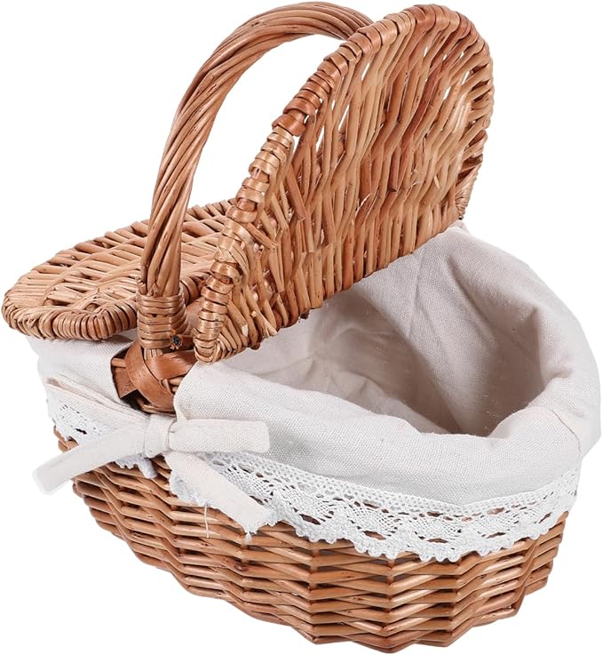 Large Wicker Picnic Basket with Lid and Handle, Sturdy Woven Picnic Basket with Liner, Fruit Bread Storage for Outdoor Camping, Easter Party, Garden Picking