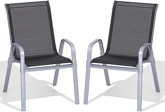Patio Chairs Set of 2, Easily Set Up Stackable Outdoor Dining Chairs with High Back and Wide Seat, All Weather Breathable Outdoor Chairs Set of 2 with Metal Frame for Backyard Deck Pool, Black