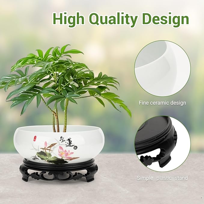 Lotus Bowl Planter - Ceramic Pots for Plants with Stand for Hydroponic Water Lilies & Bonsai Trees, Bonsai Pots Indoor/Outdoor Décor - Zen Garden & Home Art Display (White, Medium)