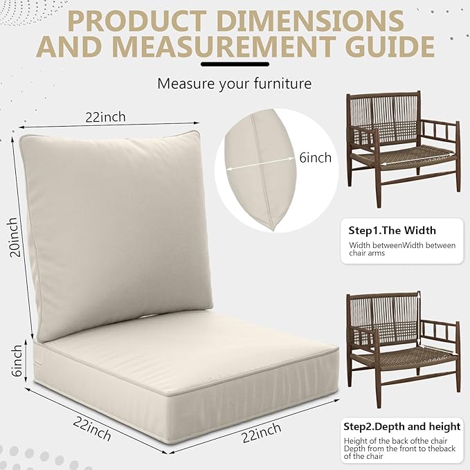 22" x 22" x 6" Outdoor Deep Seat Cushions Set - 4 Set Waterproof & Fade Resistant Patio Furniture Replacement Cushions, Non-Slip Outdoor Cushions Fit Loveseats, Couches, Chairs, and Sofas.