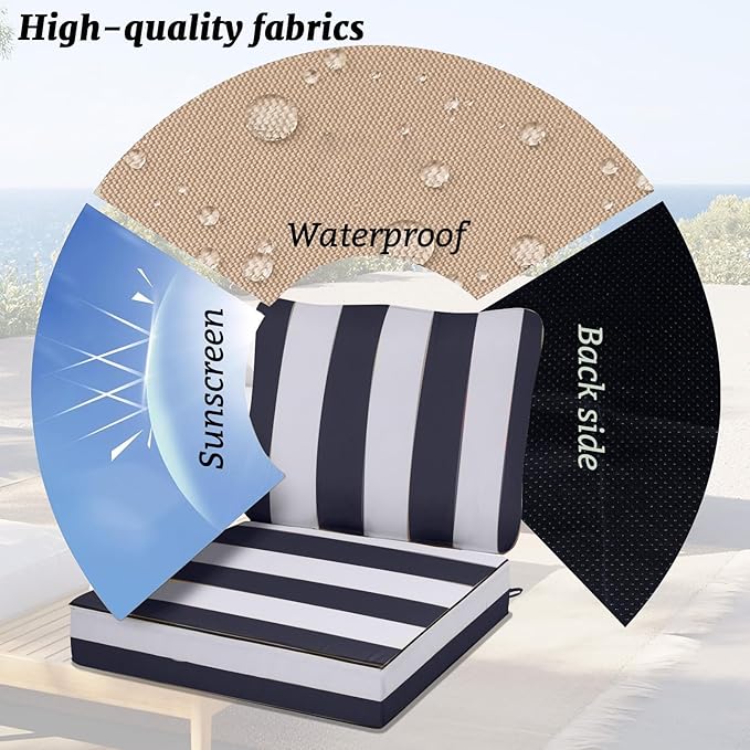 Outdoor Sectional Cushions Replacement Set, 26x26in Patio Furniture Cushions, 14 Pieces Waterproof Outdoor Couch Cushion for 6 Seat Wicker Conversation (Navy Blue with White Stripes)