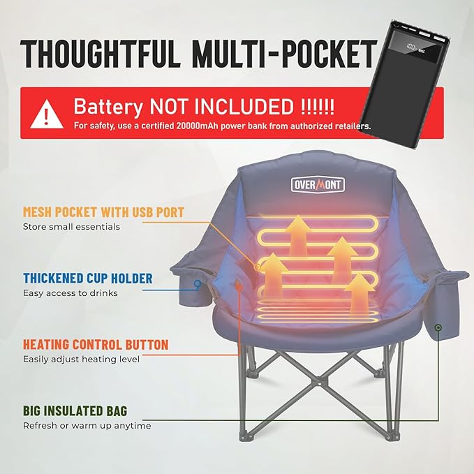 Overmont 2PCS Heated Oversized Camping Chair for Adults - 3 Heat Levels Seat & Back Separately Control - 400lbs Support Heavy Duty Padded Folding Chair Outdoor Garden Portable - Battery NOT Included