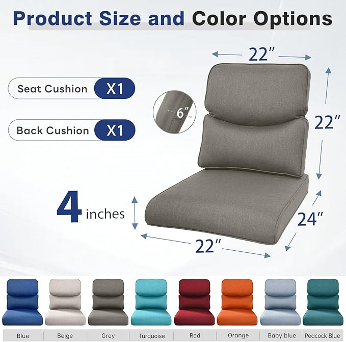 Belord Luxury 4" Thick Smile Outdoor Cushion Set - 22 x24 Inch 28D Sponge Filling Fade-Resistant Chair Cushions, Spill Proof Removable Patio Furniture Replacement Cushion for Sofa Bench - Grey