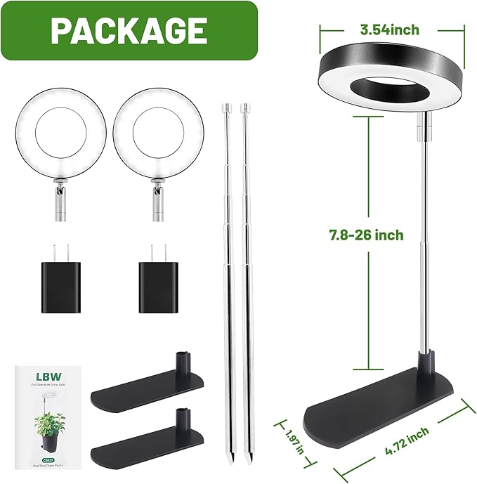 LBW Grow Light for Indoor Plants, Full Spectrum Halo Plant Grow Light with Base, Height Adjustable Plant Lamp with Auto Timer 6/8/12/16H, 3 Color,5 Dimmable Level, for Small Plants, Black, 2 Packs