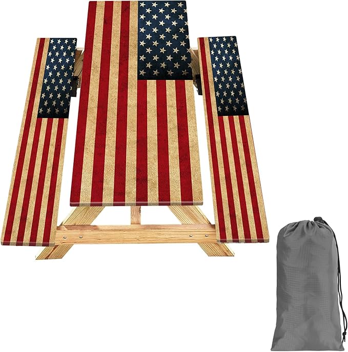 KENOBEE Picnic Table Cover with Bench Covers 8FT 3PCS, Camping Essentials Waterproof Windproof Tablecloth with Drawstring Bag, Fitted Rectangle Tables and Seats, 96", US Flag