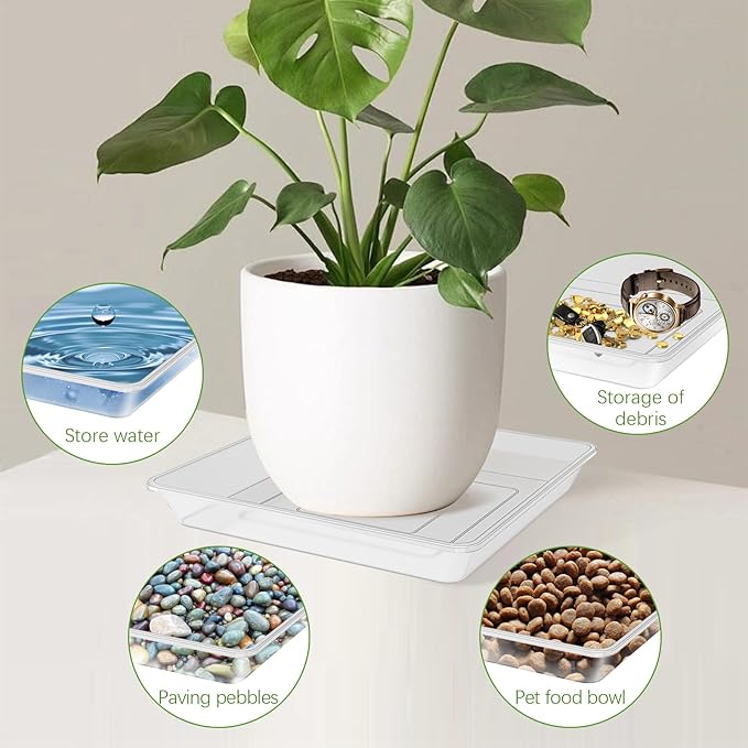 6 Pack 10 Inch Square Plant Saucer, Clear Durable Thick Plant Pot Dish for Flower Pot, Plastic Plant Tray to Catch Water for Indoor Outdoor
