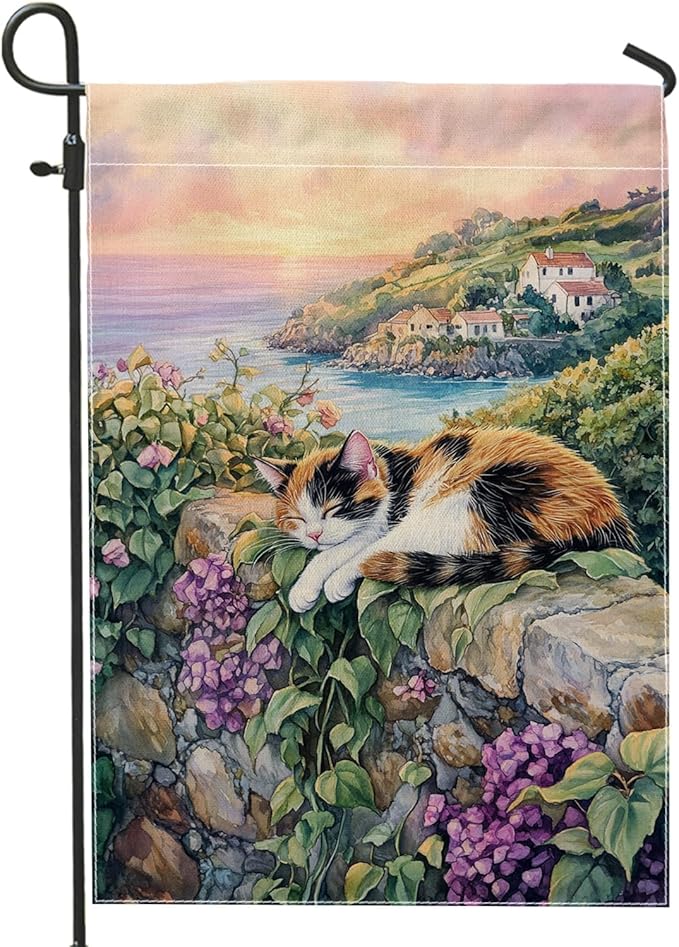 Spring Summer Cat Garden Flag, Calico Cat Relaxing Floral Home Decor Garden Banner, Double Sided Polyester Yard Flag Outdoor Lawn Decoration 12x18 Inch