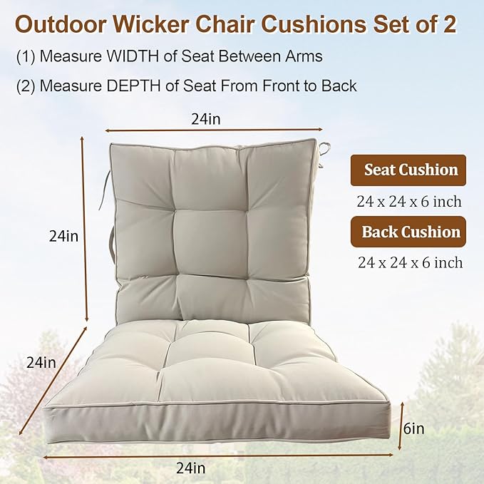 2 Piece Outdoor Patio Chair Cushions, Fade Resistant Outdoor Cushions for Patio Furniture, 6 inch Thickened Rocking Chair Cushions Set (Beige, 24x24x6 inch - 2 Pieces)