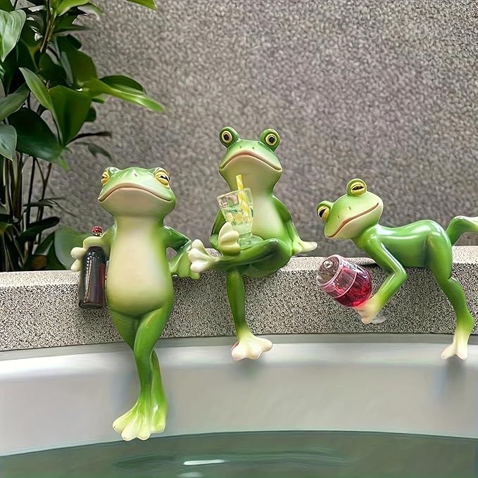 Upriver 3 PCS Tipsy Resin Frog Figurines, Miniature Frog Statue Plant Decorations for Pots,Funny Frog Planter Pot Hugger for Garden, Patio, Lawn, Balcony