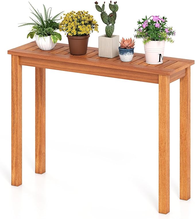 Byroce Outdoor Plant Stand, Indoor Solid Wood Plant Shelf with Slatted Top & Waterproof Finish, Potted Flower Holder Bench, Multi-use Planter Display Rack for Garden, Patio & Entryway (40” x 12” x 29”)