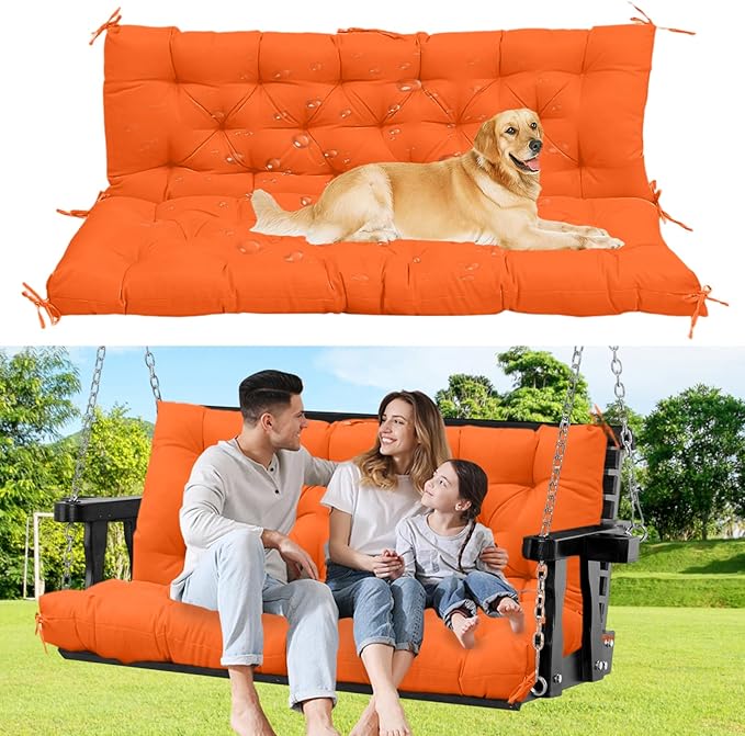 60" Porch Swing Cushion with Backrest, Waterproof Outdoor Bench Swing Cushions 3 Seater Replacement Thickened Swing Cushions with Ties for Patio Garden Backyard,Orange,60x40in