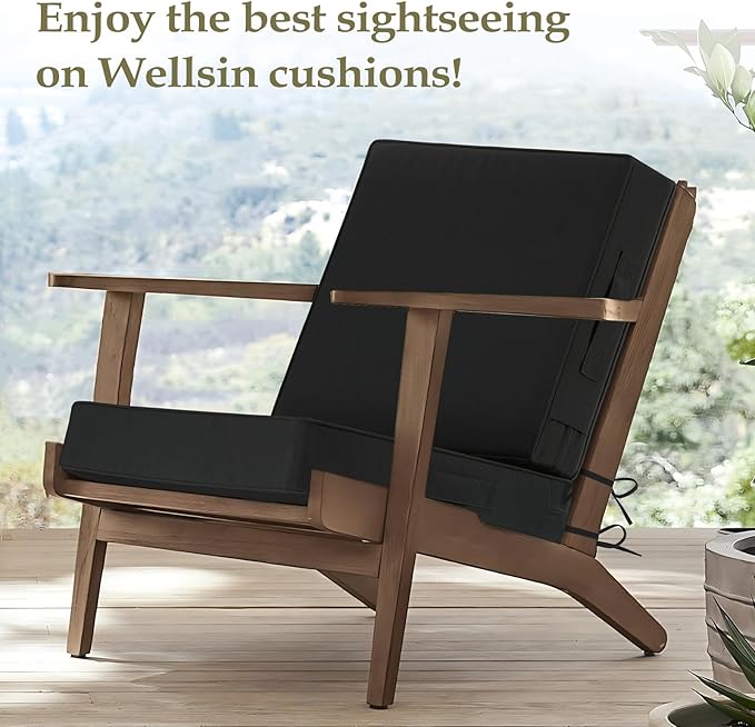 Wellsin Outdoor Cushions for Patio Furniture, Waterproof Outdoor Seat Cushions with Ties and Handle, Outdoor Cushions 24 X 24, Outdoor Deep Seat Cushions with Removable Cover, Black