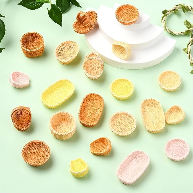 KitBeads 40Pcs 20 Styles Resin Rattan Basket Figures Miniature Willow Basket Mini Picnic Baskets for Crafts Dollhouse Fairy Garden Micro Landscape Decor