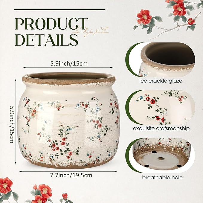 7.7" Large Ceramic Plant Pot Beige Red Cottage Rose Crackle Glaze Rustic Flowers Pot Decorative Planter with Drainage for Indoor Outdoor Plants Home Kitchen Office Decor Gift