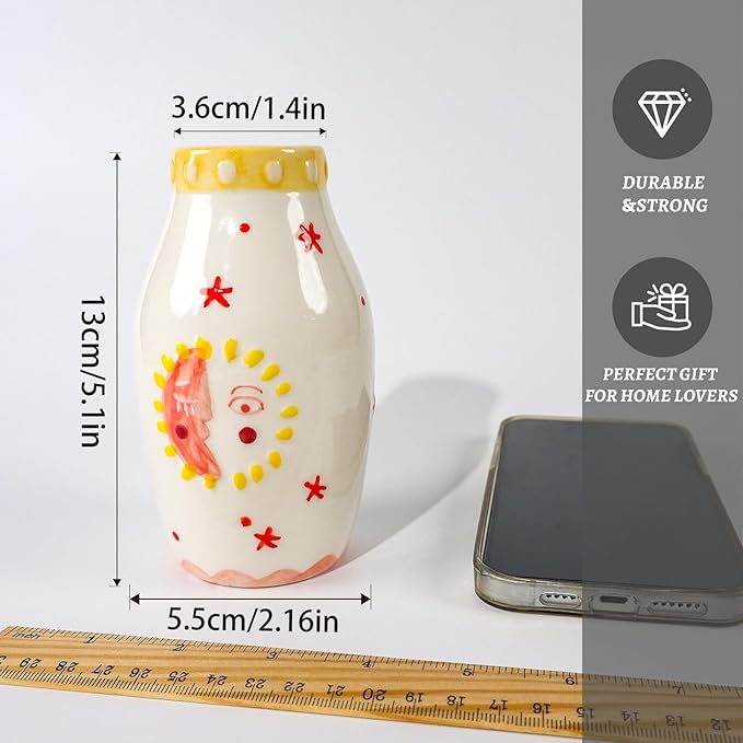 Unique Ceramic Vase, Cute Boho Decor, Small Cream Vase for Dried Flowers or Single Bud - Sun and Moon Face Design