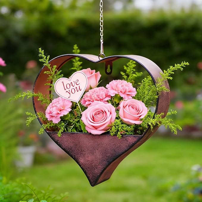 Metal Plant Hangers Indoor and Outdoor: Valentines Day Gifts for Her Wife Women Mom Garden Lovers Birthday - Heart Shape Hanging Planters for Window Wall Living Room Office Decor(Rustic)