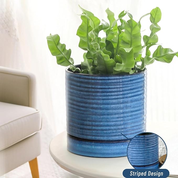 HASENSE Ceramic Plant Pots Indoor Outdoor, 6 Inch Pot for Plants with Drainage Hole and Saucer, Reactive Glaze Blue Modern Planter for Housewarming