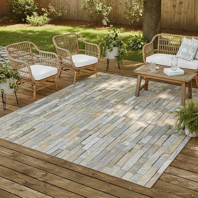 3D Visual Beige Brown Gray Stone Brick Outdoor Rug 10x14 Modern Abstract Wall Tiles Print Waterproof Outdoor Rug for Courtyard Pool Patio Deck Garden Balcony Porch Rustic Non Skid Thin Outside Mat