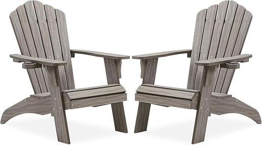 Psilvam Oversized Adirondack Chair, Fade-Resistant & Odor-Free Poly Lumber Fire Pit Chairs with Cup Holder, Weatherproof Lawn Chair, Easy 15 Min Install Patio Chair, 350 Lbs Support (2, Light Gray)
