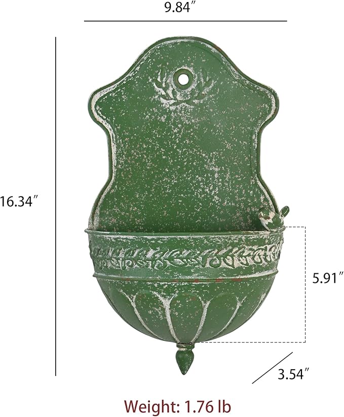 Vintage Distressed Green Metal Wall Planter, Rustic Hanging Pocket Planter with Scrollwork & Scalloped Design, Farmhouse Wall Decor for Indoor & Covered Outdoor Garden, Porch & Entryway