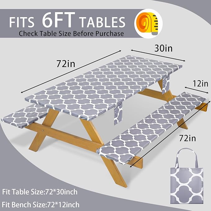 Fitted Waterproof Picnic Table Cover with Bench Covers Elastic Polyester 72In Camping Tablecloths for 6Foot Rectangle Tables Summer Fall Glamping Roadtrip Stuff Festival Vacation Items Gift