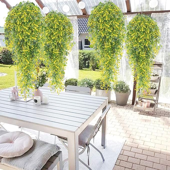 RECUTMS Artificial Hanging Vines 4 Pcs Fake Hanging Plants Faux Plastic Vines Leaves Wall Hanging Flowers for Spring Indoor Outdoor Home Bedroom Apartment Decoration(Yellow)