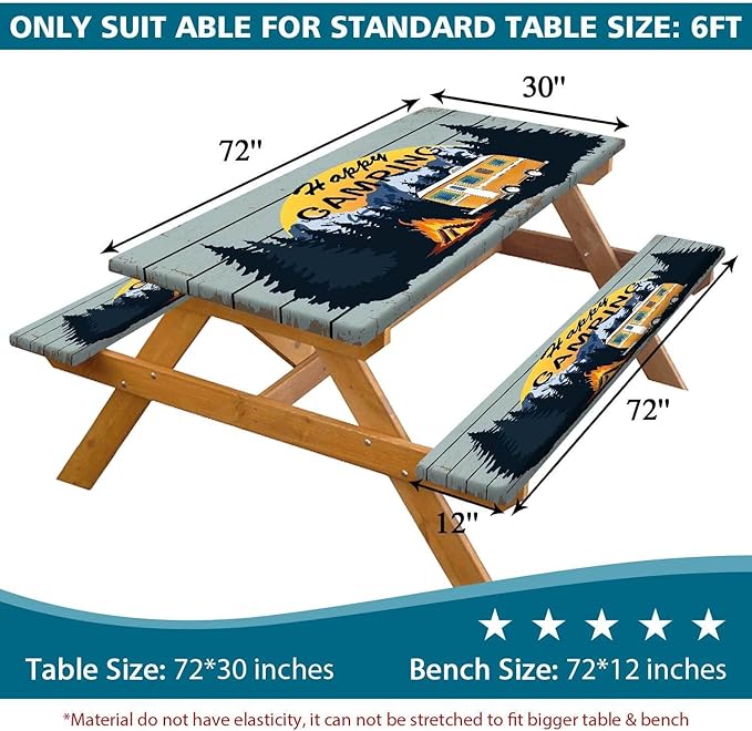 Happy Camper RV Picnic Table Cover with Bench Covers, Retro Wooden Waterproof Camping Picnic Table Cover Cloths for Outdoors Tablecloth with Drawstring Bag, 60in