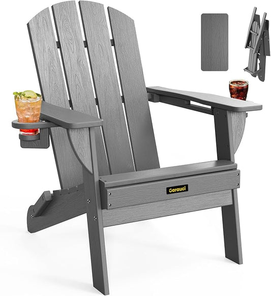 Folding Adirondack Chair, Wooden Textured Plastic Adirondack Chairs with 2 Cup Holder, Weather Resistant HDPE Fire Pit Chair, Outdoor Patio Chairs for Garden, Backyard, Lawn, Deck, 380LBS, Grey