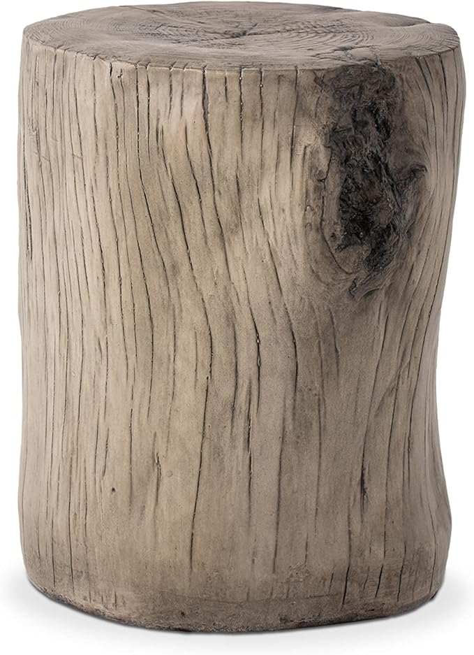 COSIEST Outdoor Antique Gray End Table Faux Wood, Hand-Painted Wood Stump Stool, Ottoman or Plant Stand, Deck or Garden