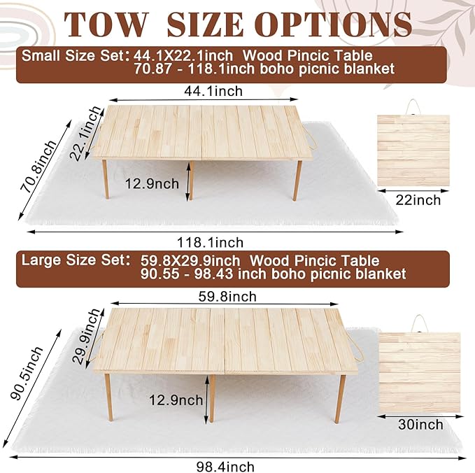 1 Set Low Picnic Table, Foldable Boho Picnic Table with Extra Large Outdoor Camping Blanket Portable Boho Wood BBQ Tables for Camping Wedding Beach BBQ Party (for 8 Person,Wood Color)