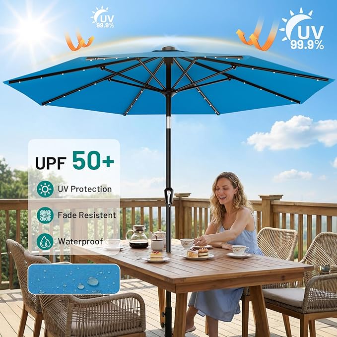 AreShark 9FT Patio Umbrella with Solar Lights, 32 LED Lighted Pool Umbrella w/Tilt and Crank, Outdoor Market Solar Umbrellas for Garden, Deck, Backyard, Pool and Beach, Royal Blue