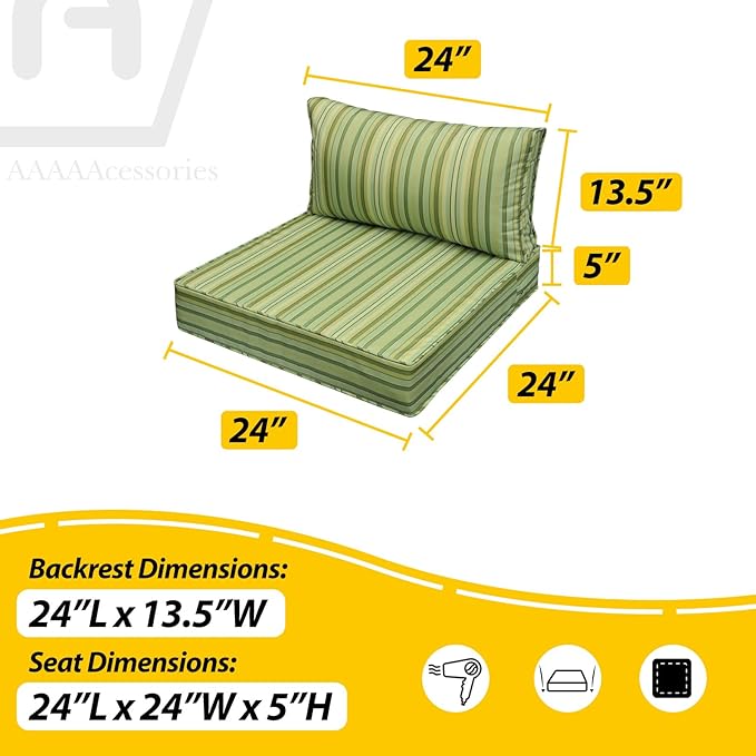 AAAAAcessories Outdoor Seat Cushions for Chairs, Fade-Resistant, Waterproof Patio Furniture Replacement Cushions, 24" x 24" x 5" + 24" x 13.5", Mossy Forest Stripe