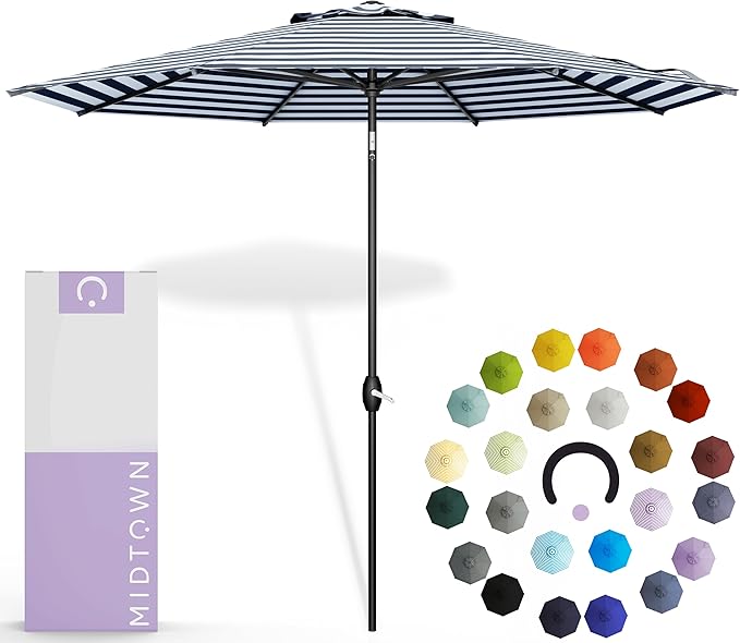 Midtown Umbrellas - 10-Year-No-Fade 9 Ft Patio Umbrella with Terylast Fabric, Auto-Tilt Aluminum Frame and 8 Reinforced Ribs for Deck, Pool, Garden & Beach - Navy Stripes Canopy, Black Pole