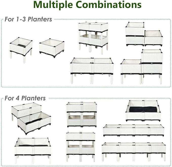 Giantex Raised Garden Bed, Set of 4 Planter Raised Beds Kits with Drain Holes for Fruit Flowers Vegetables, Outdoor Elevated Planting Box for Lawn Patio Balcony, Easy Assembly, Rattan-Like Look, White