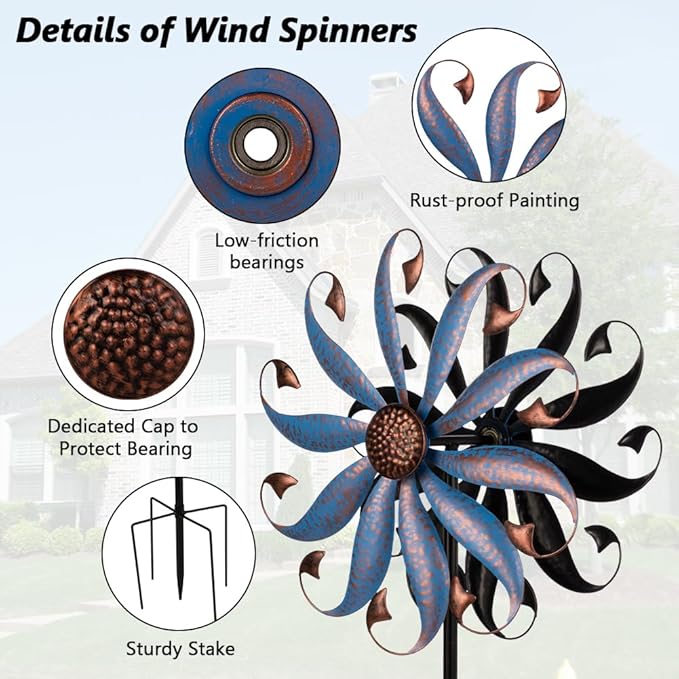 VEWOGARDEN Wind Spinners Outdoor, Metal Kinetic Wind Spinner with Flower Design for Yard Garden Lawn Decorations, Dark Blue