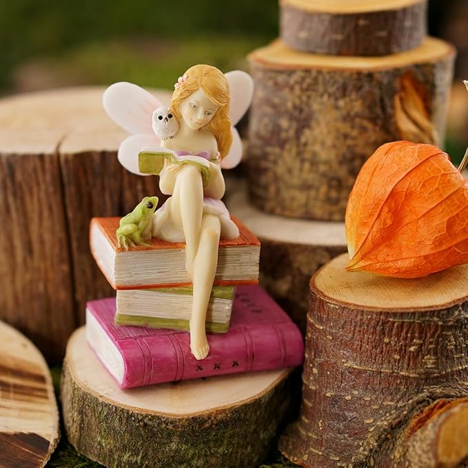 Top Collection Miniature Garden and Terrarium Fairy Reading on Books with Frog and Owl Figurine