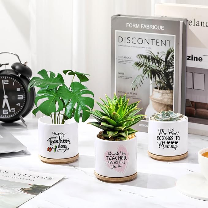 6 Pcs Sublimation Flower Pot Blanks Mini 2.95 in Garden Ceramic Succulent Planter Pot with Bamboo Tray with Drainage Hole Thank You Gift for Christmas Thanksgiving Day Plant Lover Women