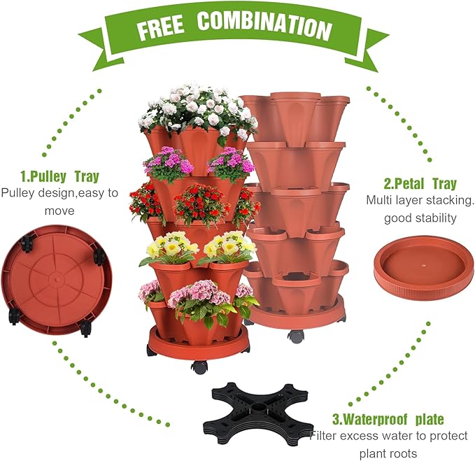 Vertical Strawberry Planter 7 Tier Stackable Tower Herb Planters Stacking Outdoor Garden Red Planters Pot with Tools Mover for Growing Flowers, Vegetables and Succulents
