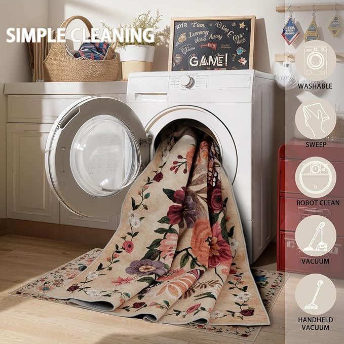 Runner Rug 2x6, Kitchen Rug Non Slip Washable Rugs with Rubber Backing Soft Floral Carpet Runner for Hallways, Kitchen, Laundry, Bedroom, Bathroom (2 x 6, Beige)
