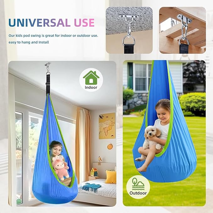 Kids Swing Seat Hammock Chair Indoor Outdoor Hanging Chair for Children,Soft & Safe with High Weight Capacity, Easy Install Perfect for Bedroom, Garden, Playroom(Blue)