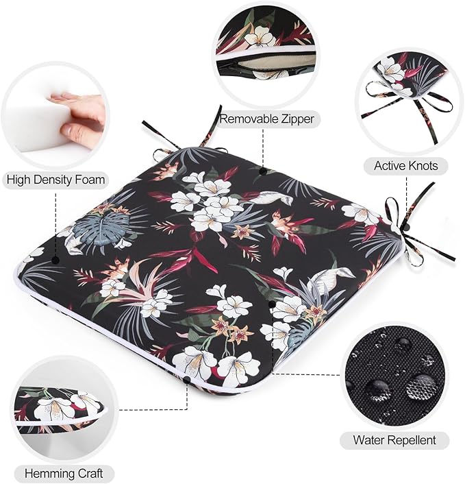 GUEGLSA Outdoor Indoor Waterproof Seat Cushions,16x16 Inches Patio Chair Cushion with Ties,Machine Washable Seat Pad for Home Garden Kitchen Dining Office Chair,Set of 2, White Flower
