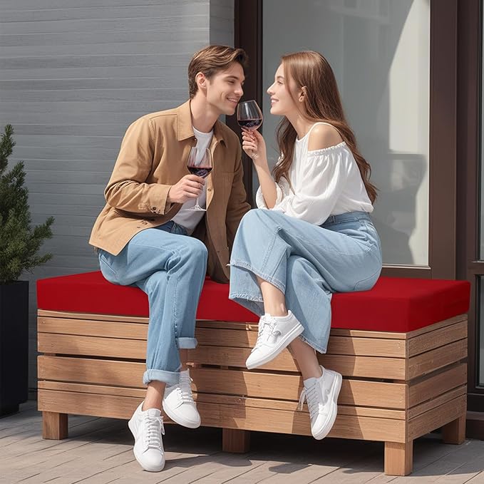 idee-home Outdoor Bench Cushion Waterproof, Bench Cushions for Outdoor Furniture, Patio Porch Swing Replacement Seat Pad with Ties for Garden Backyard, 45 x 18 Inch Red