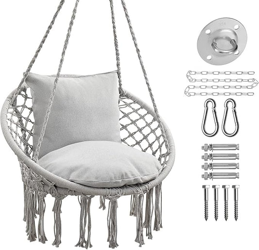 JoyView Macrame Hammock Chair Hanging Swing Chair Max 330 Lbs with 2 Cushions and Hardware Kits for Indoor Outdoor Bedroom Patio Garden - Light Grey