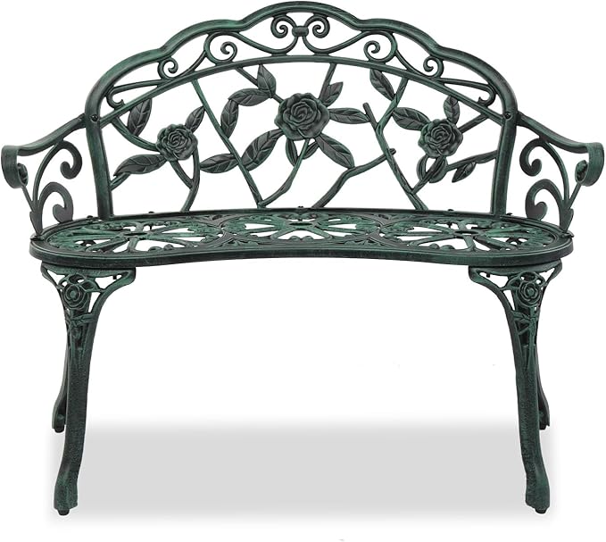 Outvita Outdoor Bench, 38"" Cast Aluminum Garden Bench Anti-Rust Weather Resistant Patio Bench Rose Pattern Bench for Front Porch, Backyard, Lawn, 1, Green