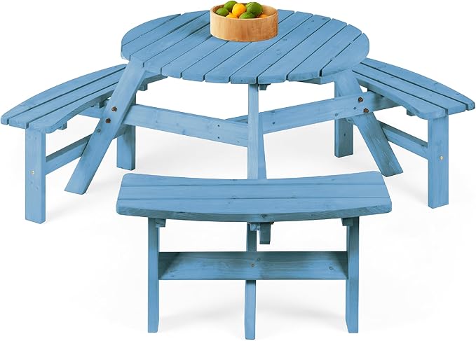 Best Choice Products 6-Person Circular Outdoor Wooden Picnic Table for Patio, Backyard, Garden, DIY w/ 3 Built-in Benches, 500lb Capacity - Seaside Breeze