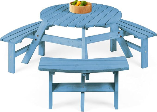 Best Choice Products 6-Person Circular Outdoor Wooden Picnic Table for Patio, Backyard, Garden, DIY w/ 3 Built-in Benches, 500lb Capacity - Seaside Breeze