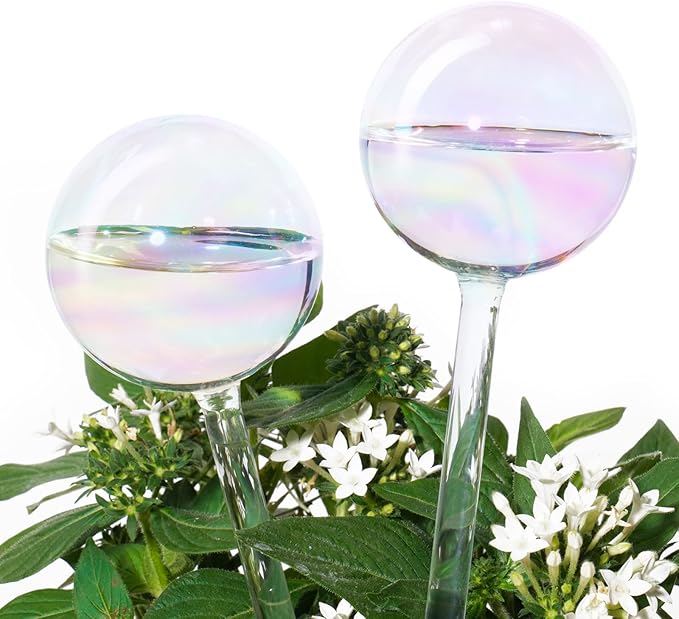 Tomorotec [2 PCS] Light Iridescent Rainbow Gradient Color Clear Glass Self-Watering System Spikes, Automatic Plant Waterer Bulbs